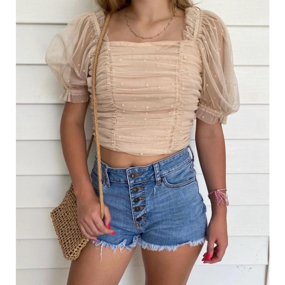 H&M Polka Dot Sheer Cropped Top w/ Puff Sleeves